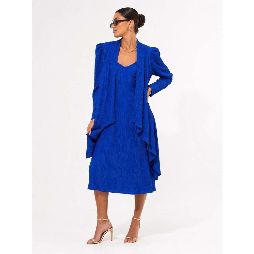 Vintage David Rose 80s Electric Blue Crinkle Dress Jacket SET Size 8 Made USA